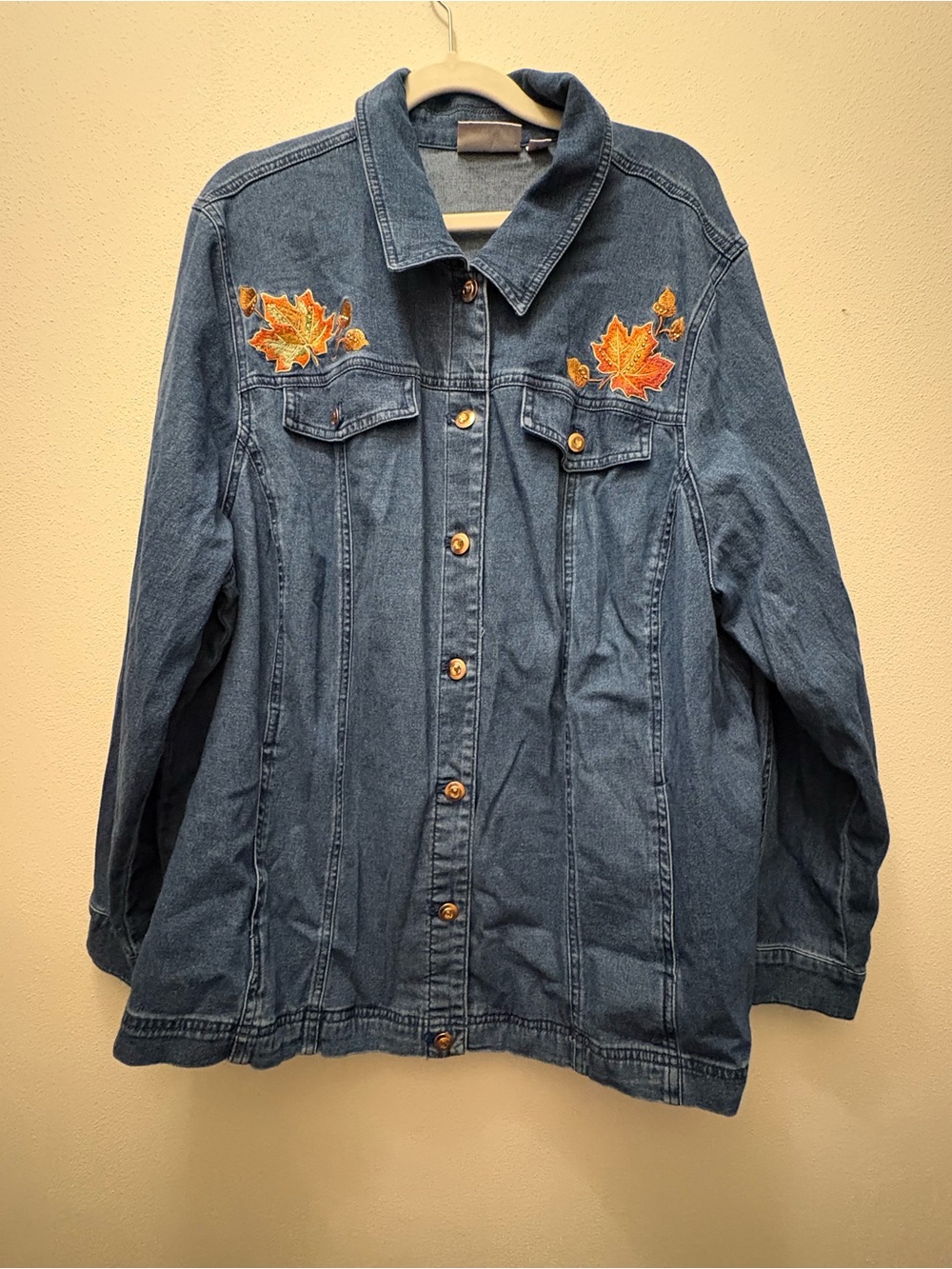 Embroidered Leaf Blue Denim Button-Down Jacket